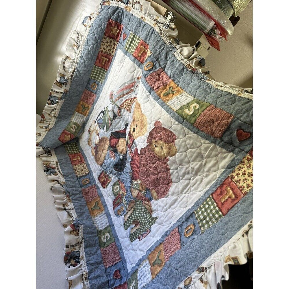Baby Quilt Handmade Teddy Bears Toys Back 48x38 Ruffle READ